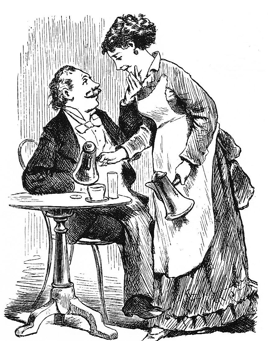 an illustration of an old woman and a child sitting at a table