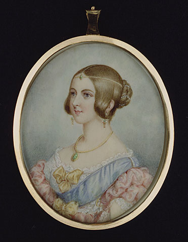 an antique portrait of a lady wearing a yellow necklace