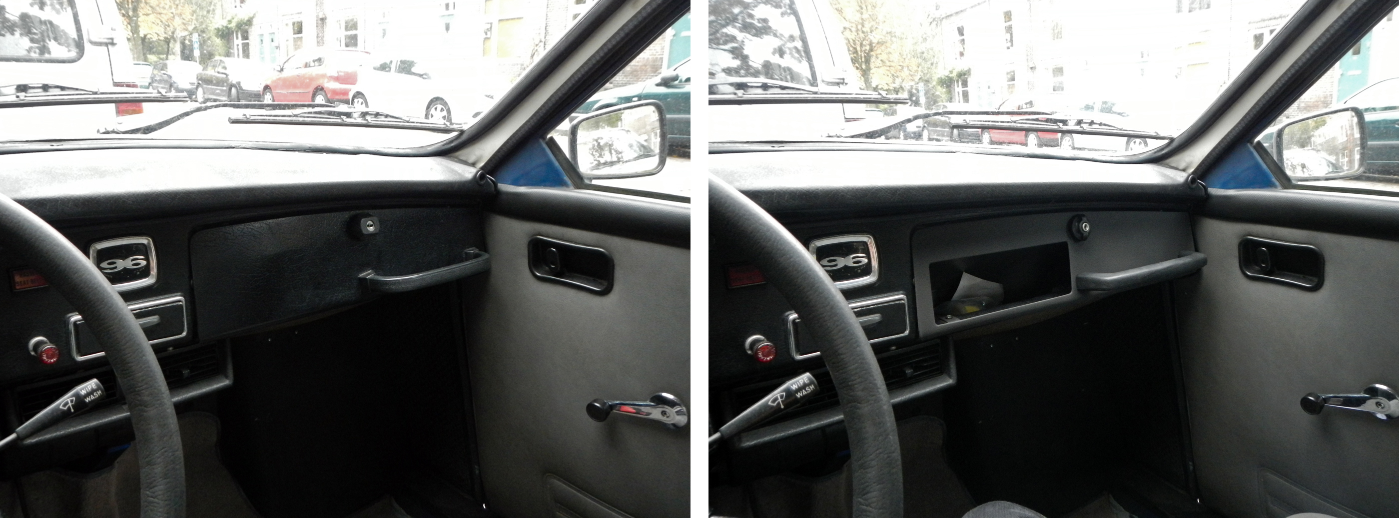 two pographs of a dashboard with a steering wheel