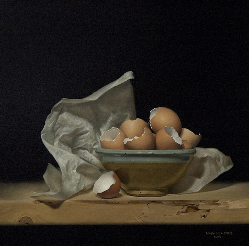 a painting of eggs and a cloth on a table