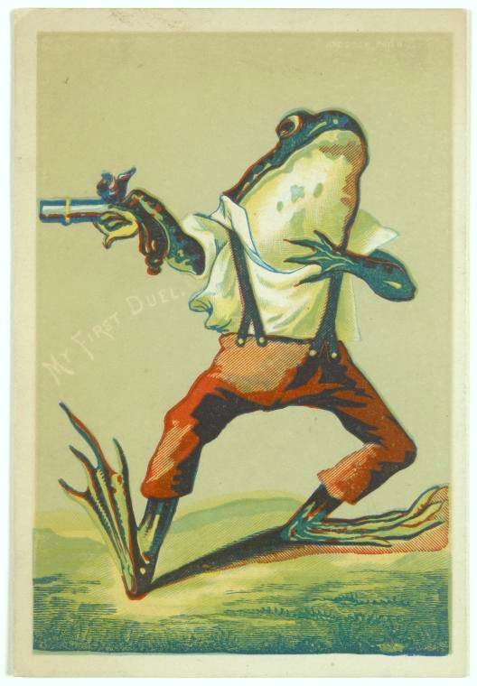 frog dressed in a shirt and tie, with long leg holding a gun