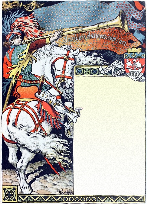 an illustrated painting of a knight riding a horse
