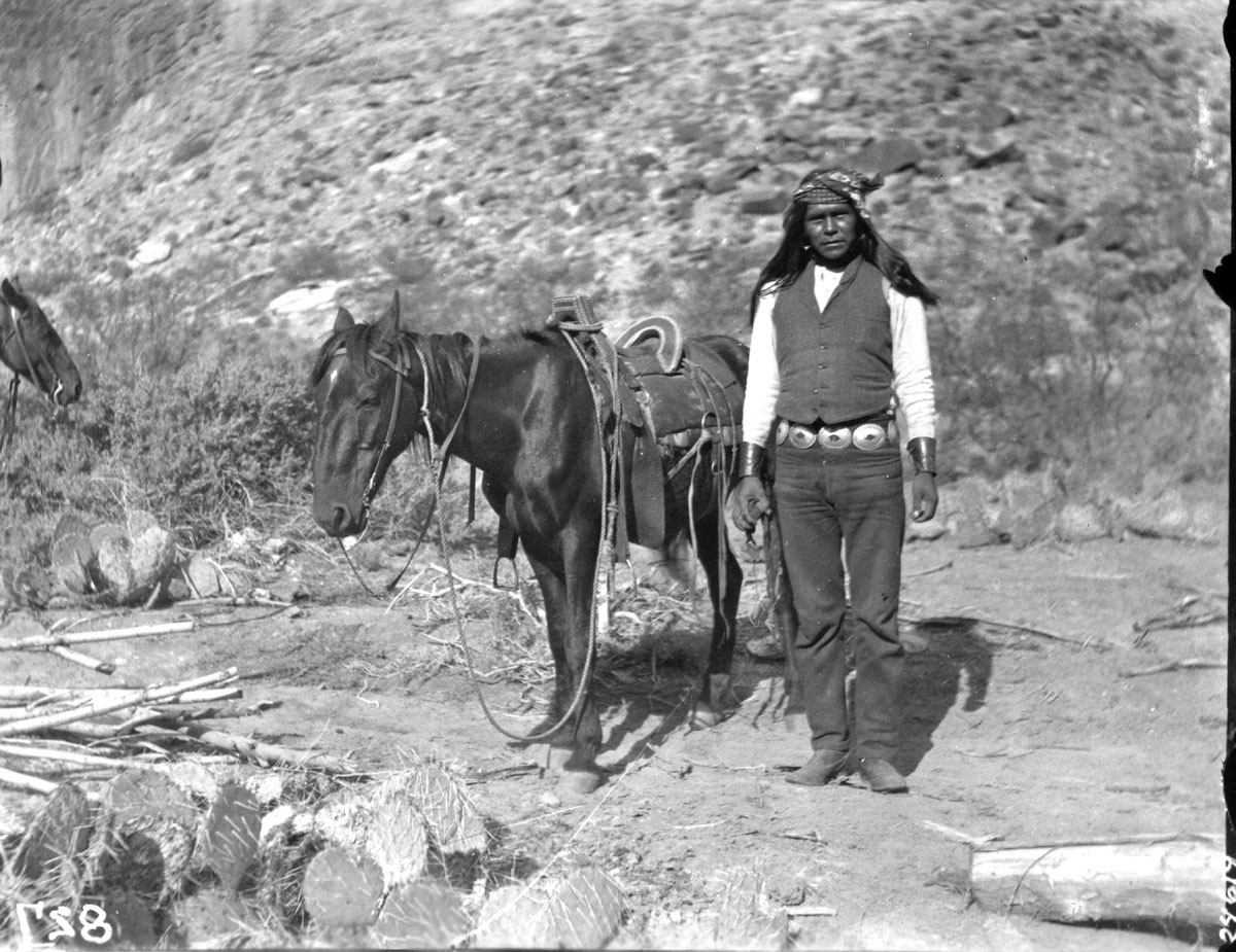 a man standing next to two horses with long hair