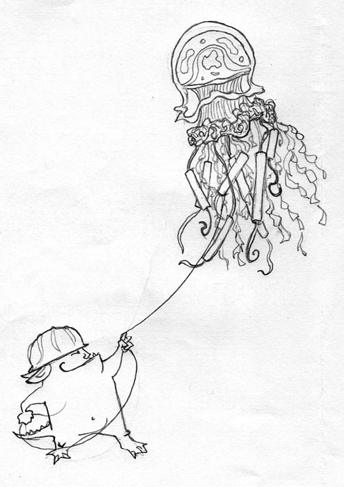 drawing of man holding a parachute with a floating jelly fish attached