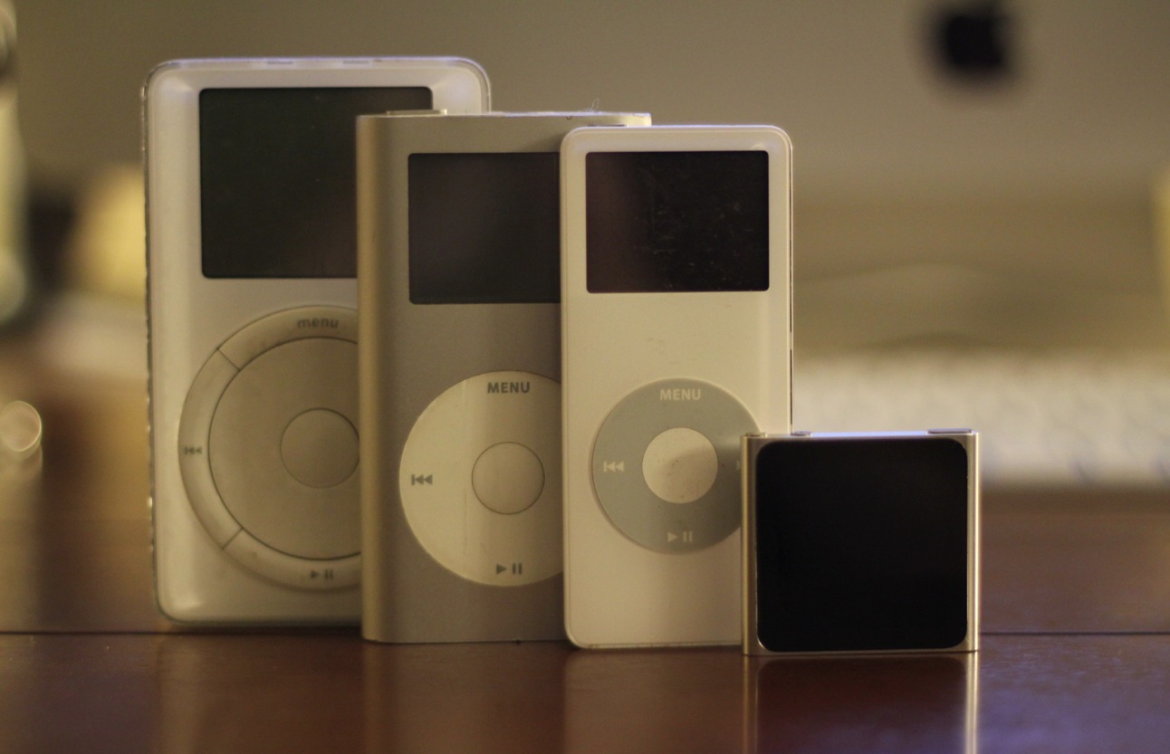 the four old - fashioned ipods have been stacked next to each other