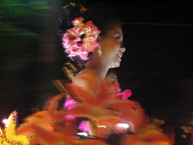 a woman with flowers on her hair and a dress made out of flowers