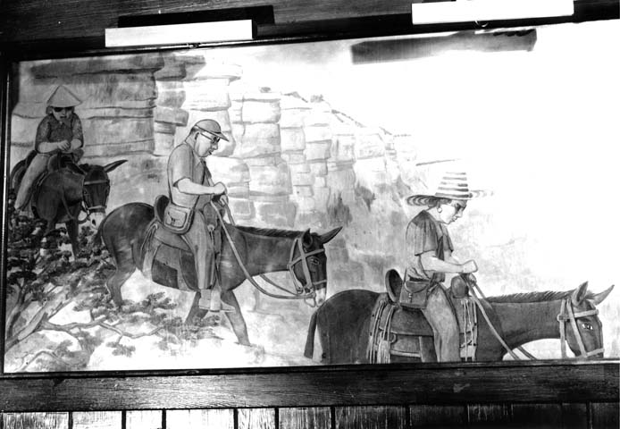 a drawing of two people riding horses and a man walking