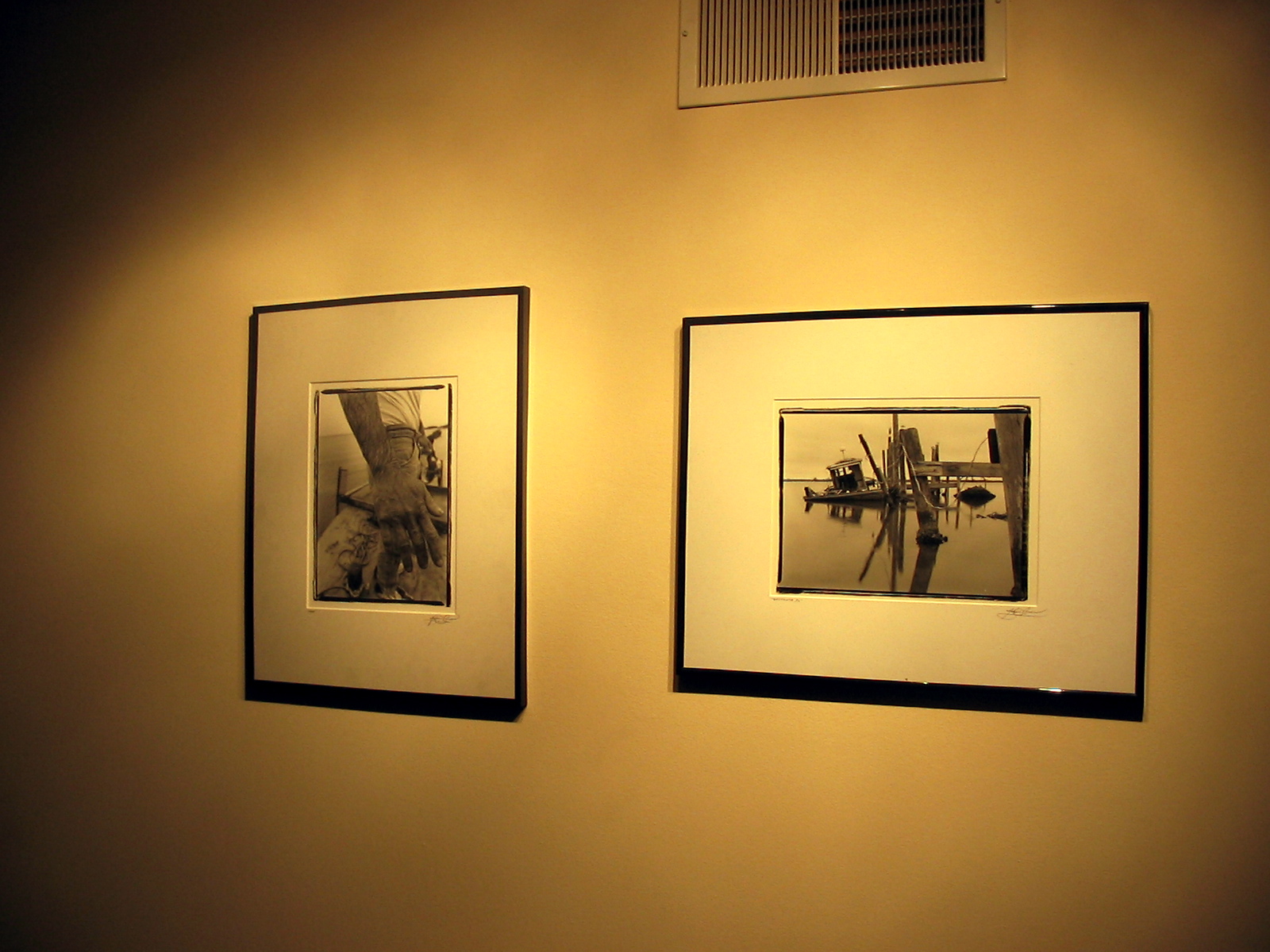 two framed pographs are hung in an art gallery