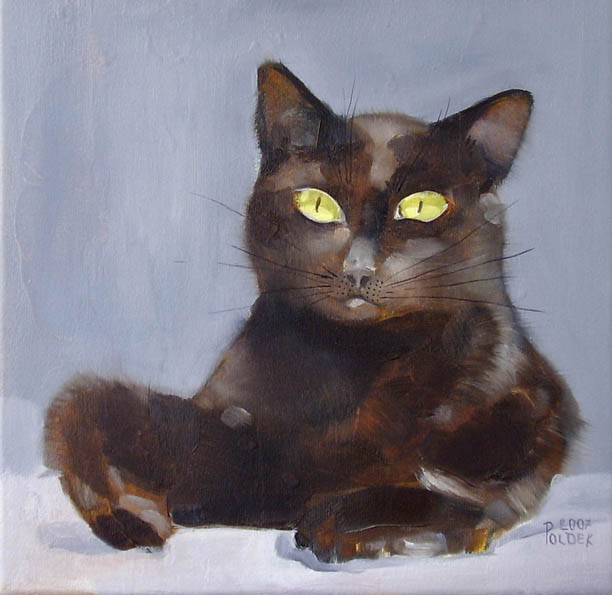 a painting of a cat with glowing yellow eyes