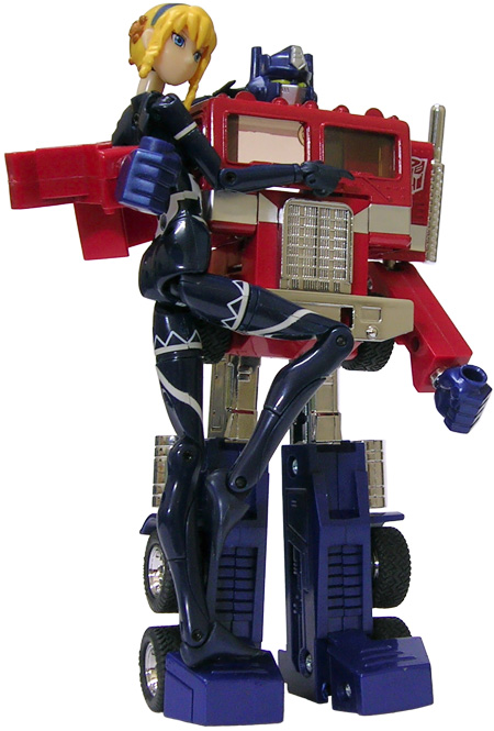 the robot that is holding up a red and blue truck