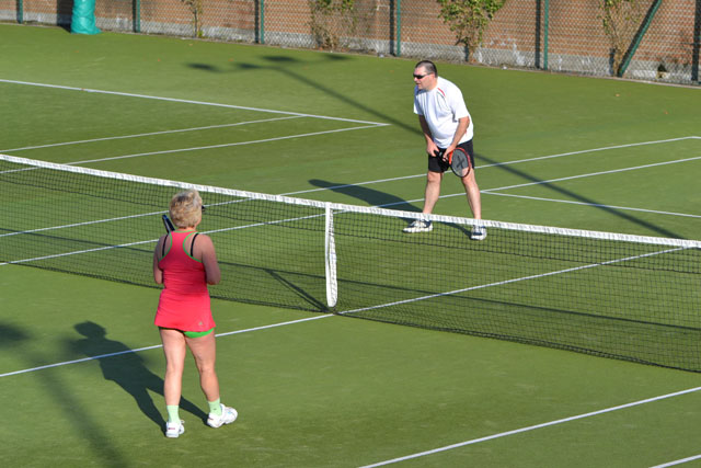 two people standing on a green tennis court