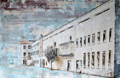 a street scene with old buildings painted on to the side