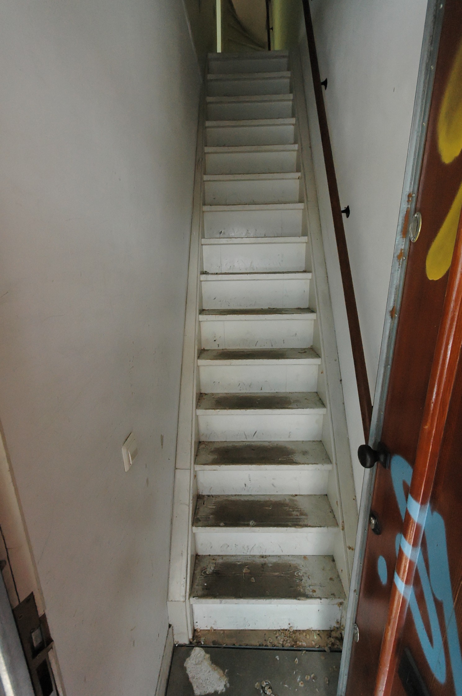 an exit door with a staircase painted white