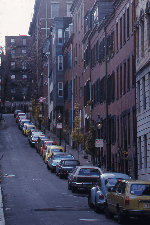 a line of parked cars are on a city street