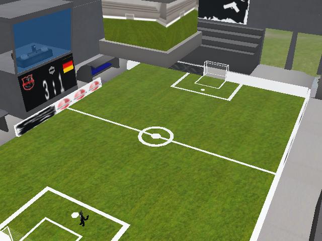 a 3d image of a soccer stadium with people standing on it