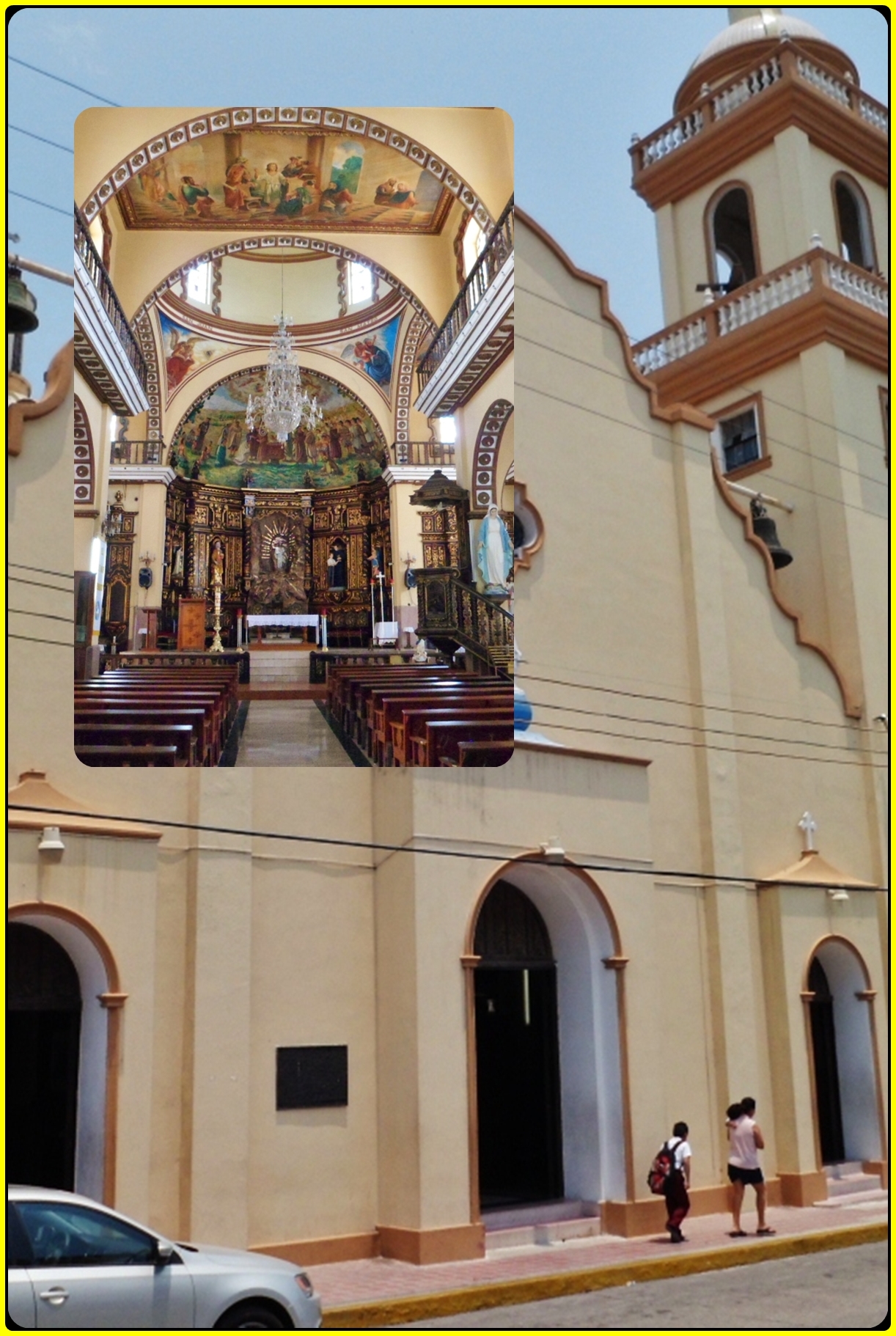 two children walk up the steps to a church