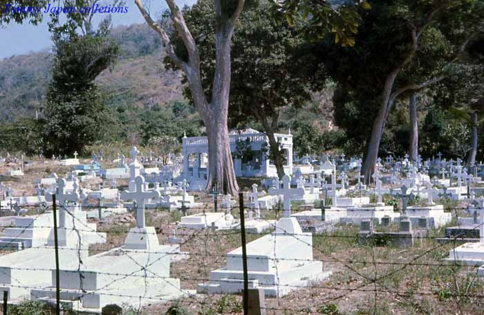 the view of a cemetery with many white headstones