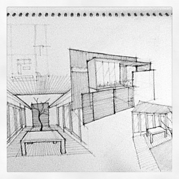 a drawing of an interior with some tables