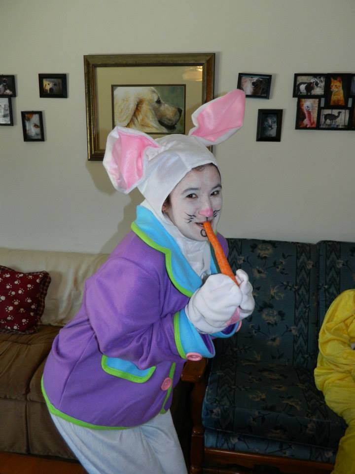 a woman in a costume that looks like an easter bunny