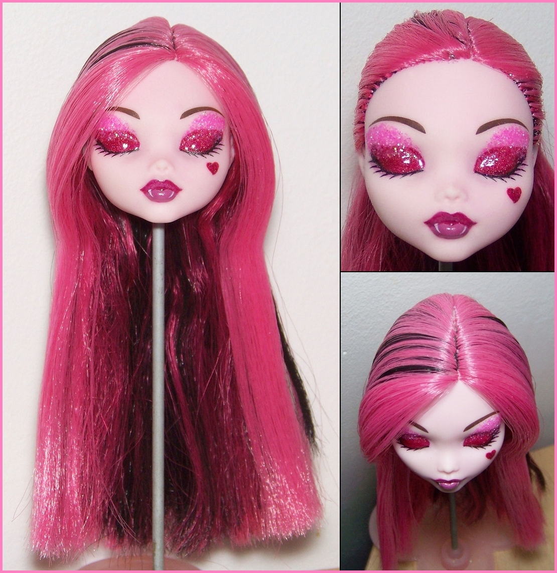 some dolls are posed to show off their pink hair