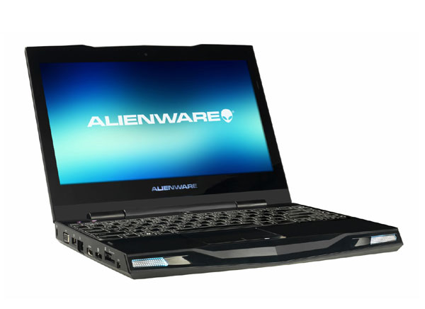 laptop with open screen, with a picture of alienware displayed on its screen