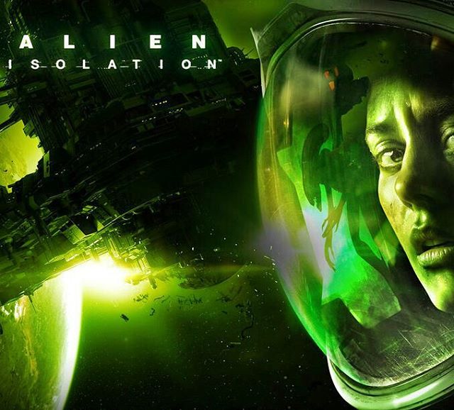 the poster for alien isolation shows a man in a space suit with green lights around his head