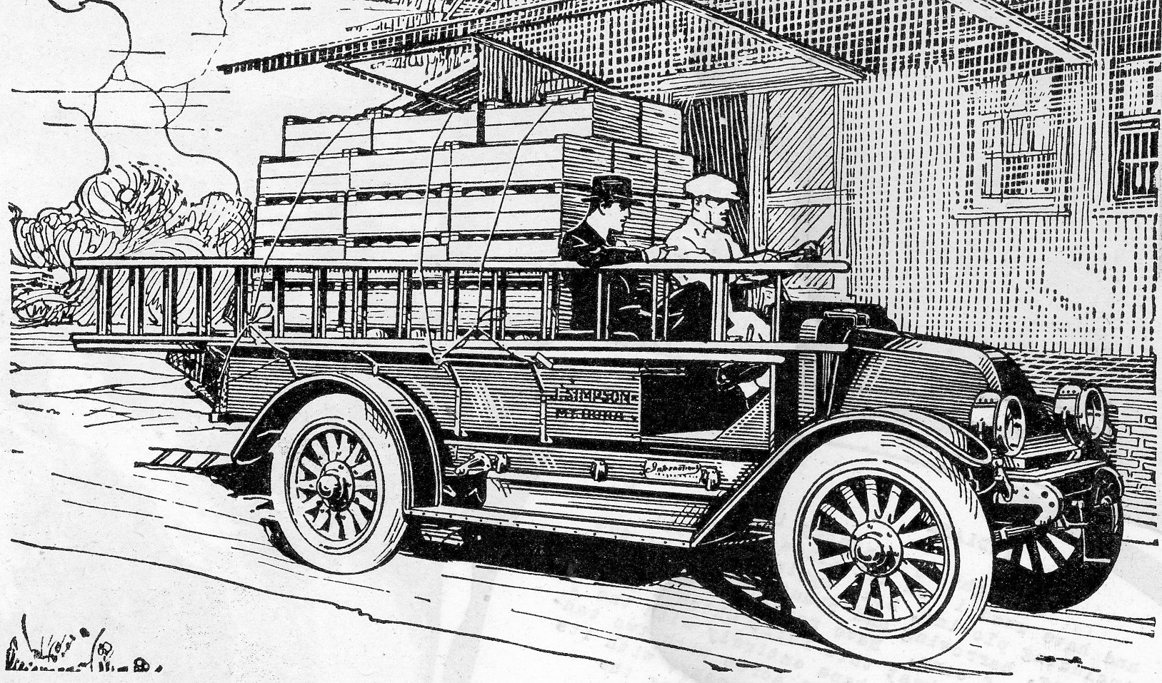 an old model t truck in black and white ink