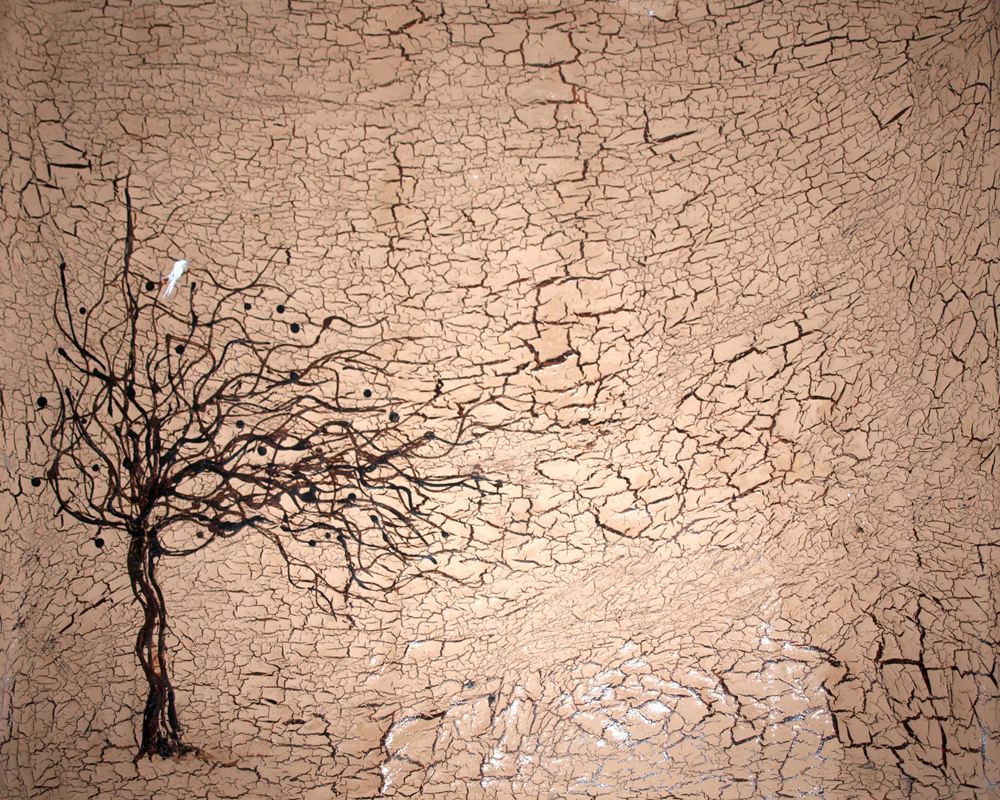 an abstract painting depicting a barren tree in the middle