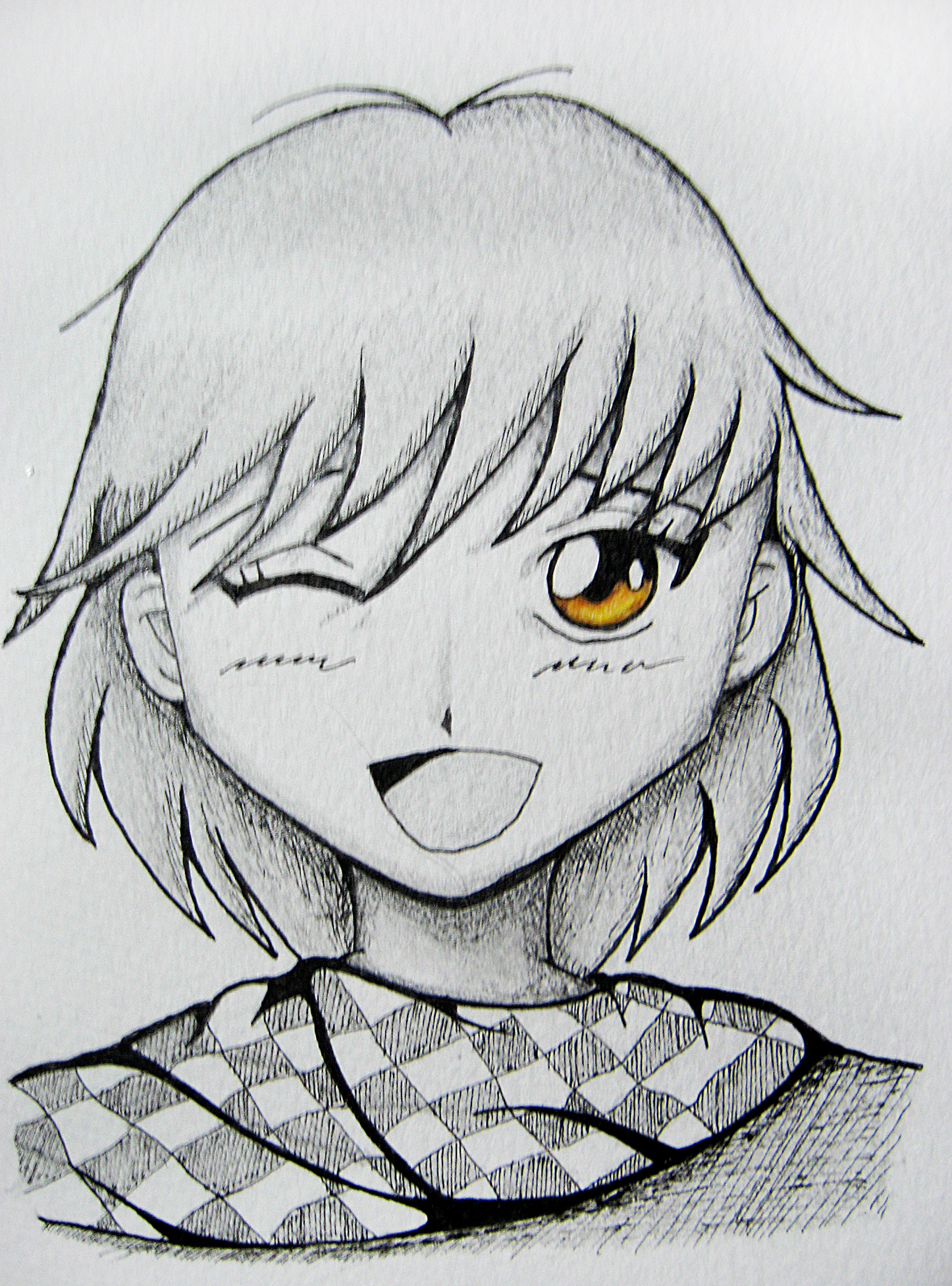 a black and white drawing of a girl with bangs