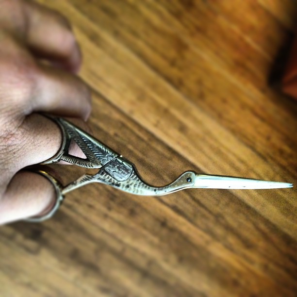 a close up of someone holding a pair of scissors on a table