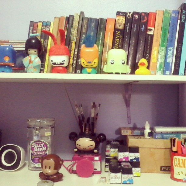 a shelf full of lots of toys and books