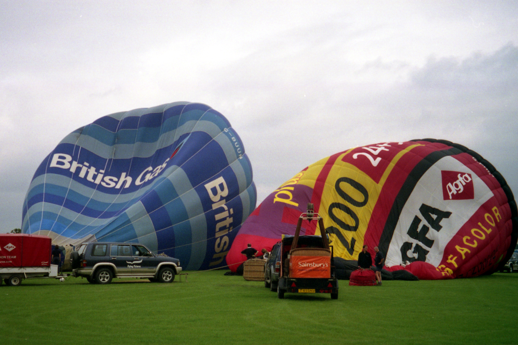 many air balloons are displayed on a grassy field