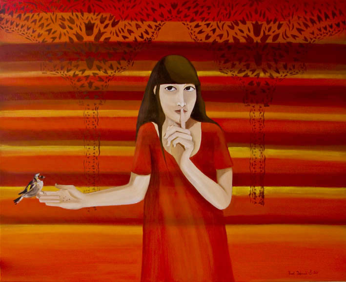 painting on canvas of a young woman with red dress