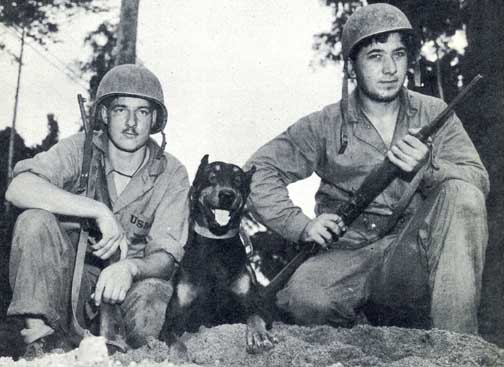 two men are posing with a dog on the ground
