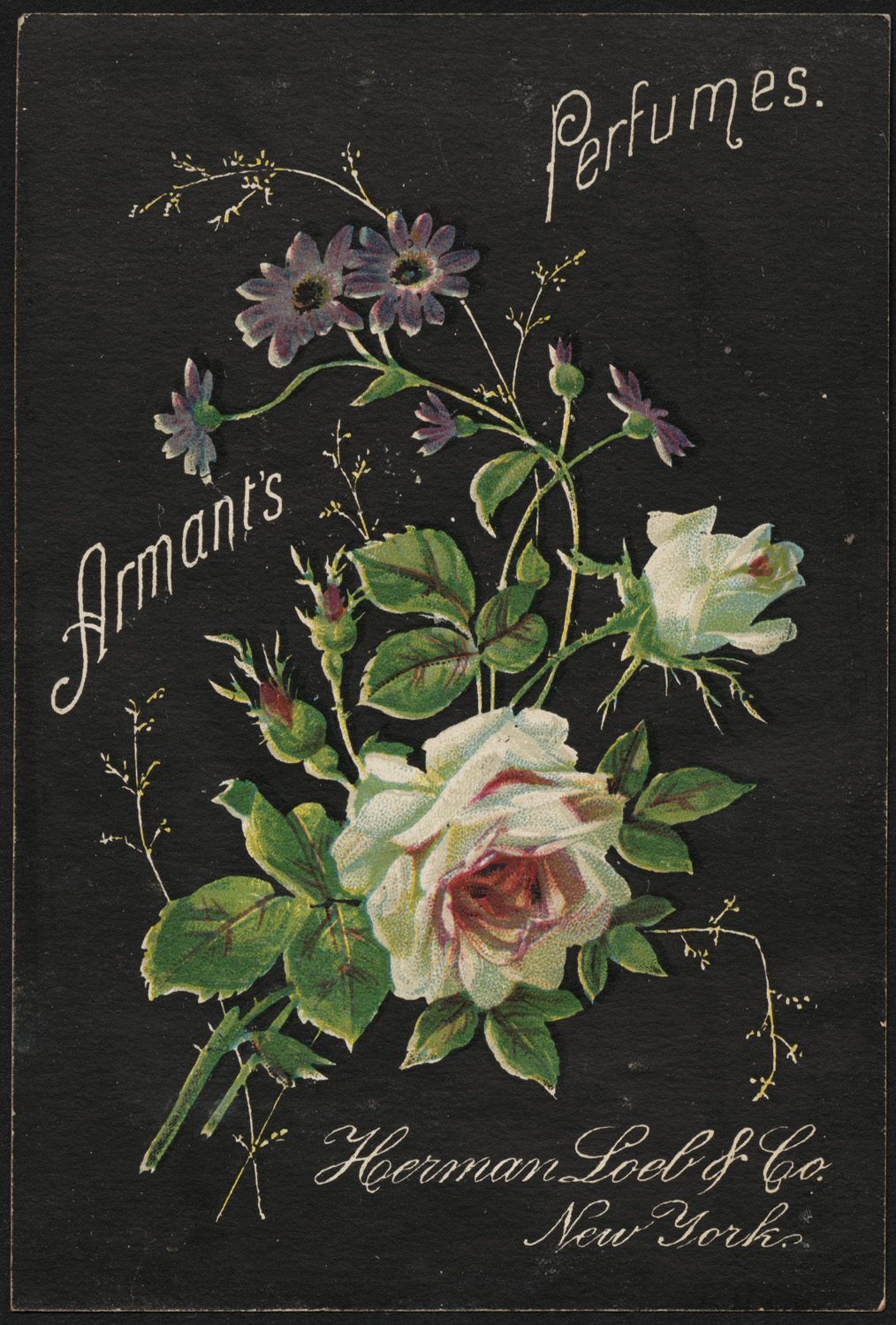 an antique postcard with flowers on black paper