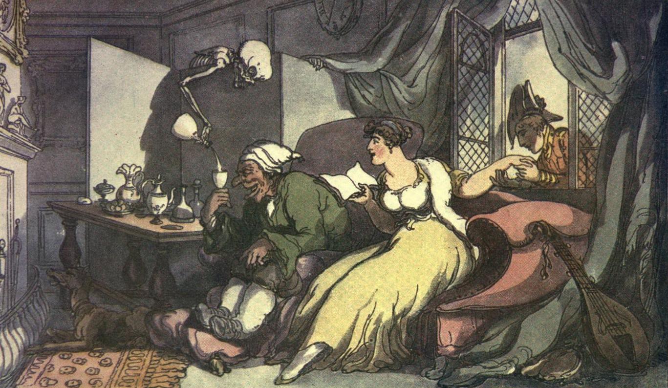 a drawing of a man and a woman on a bed