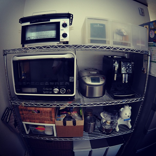 this is a display shelf with many small appliances