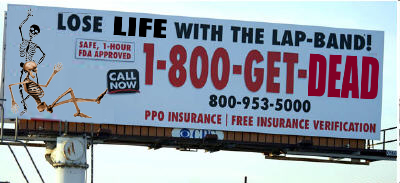 a large billboard on a road showing a skeleton holding a hammer