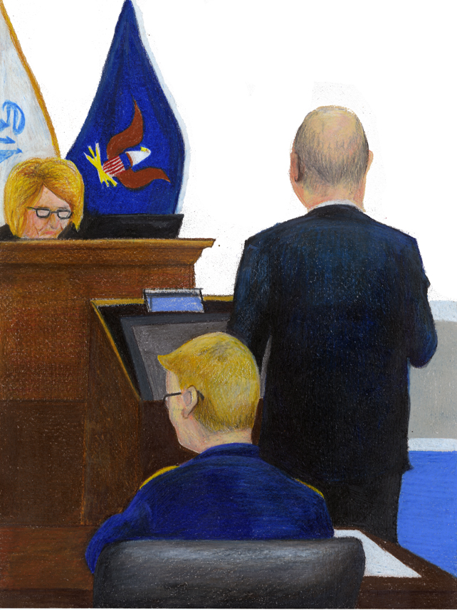 a painting of two people and one person sitting at a podium