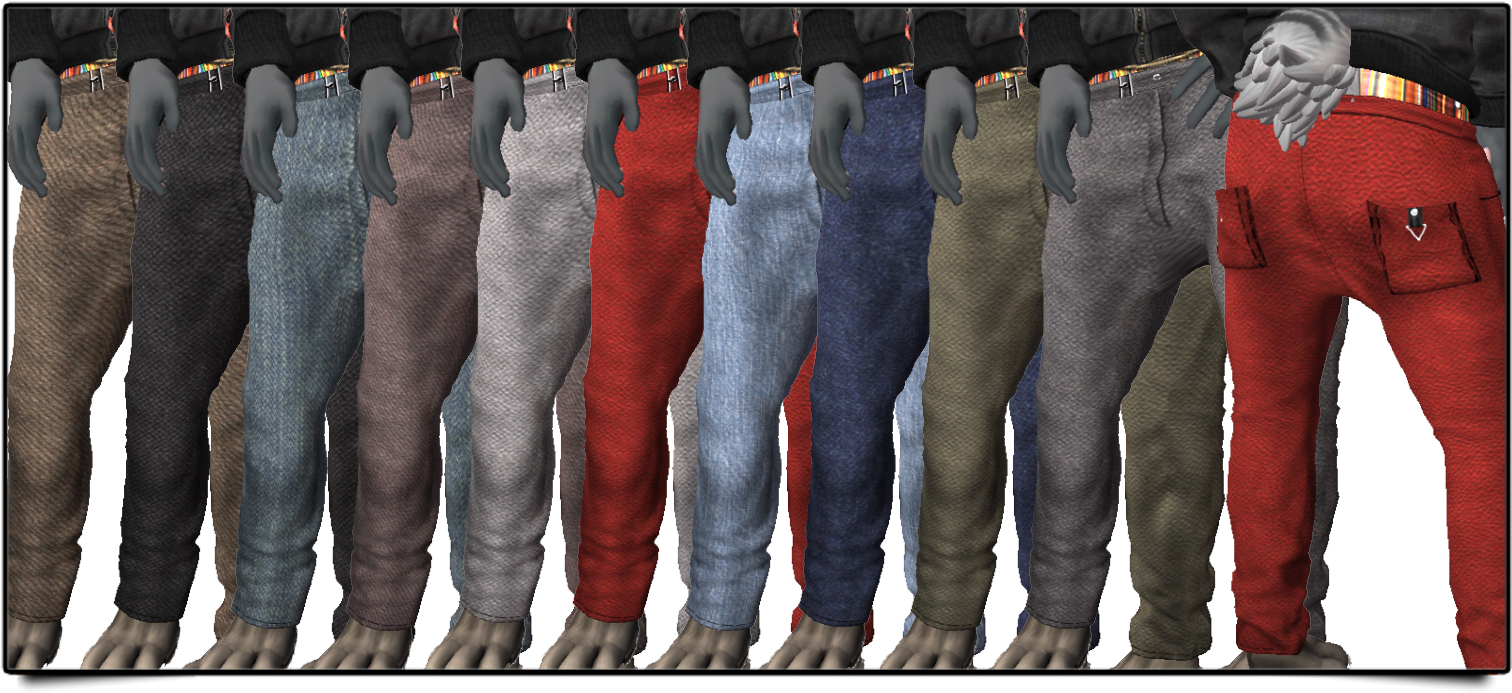 a row of pants with different color options