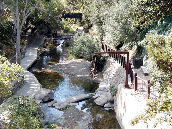 a creek flowing underneath a bridge near a forest