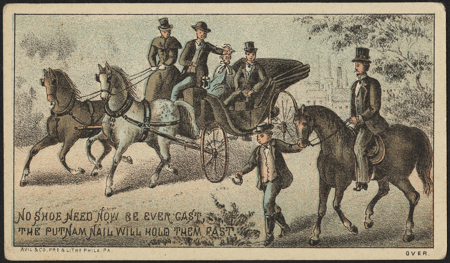 an old advertit depicting four horses pulling three men
