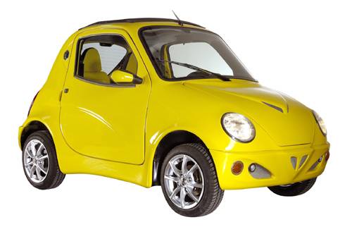 small yellow car with no hood on it