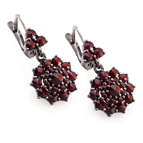 a pair of earrings with garnetia stones