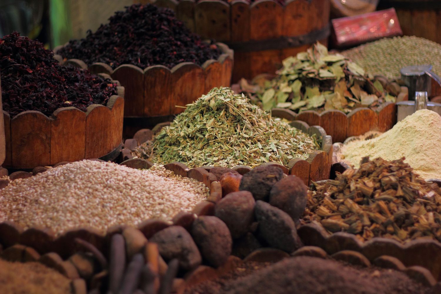 a market with several different kinds of spices