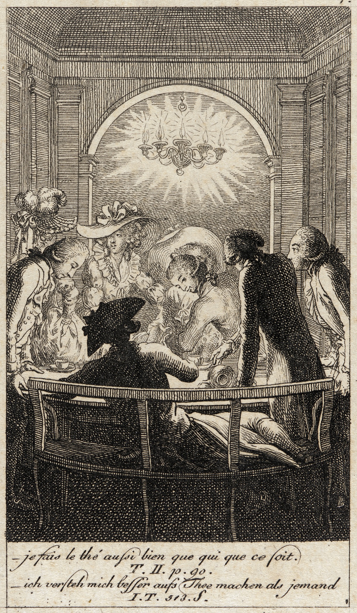 an antique black and white engraving shows people seated at a table
