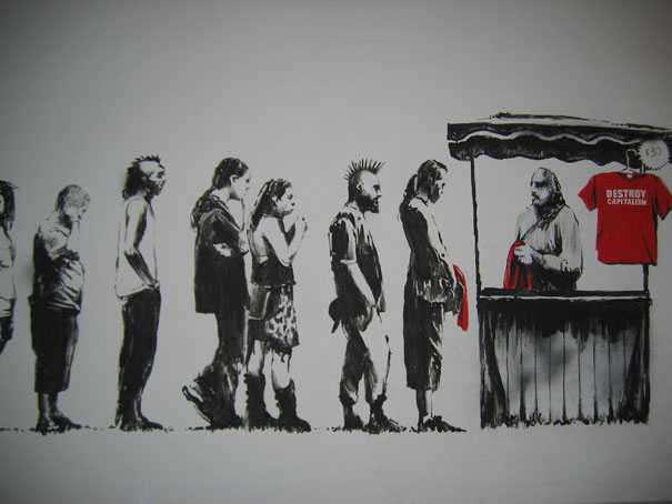a drawing of people standing in front of a kiosk