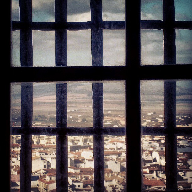 a view out a window from an old building