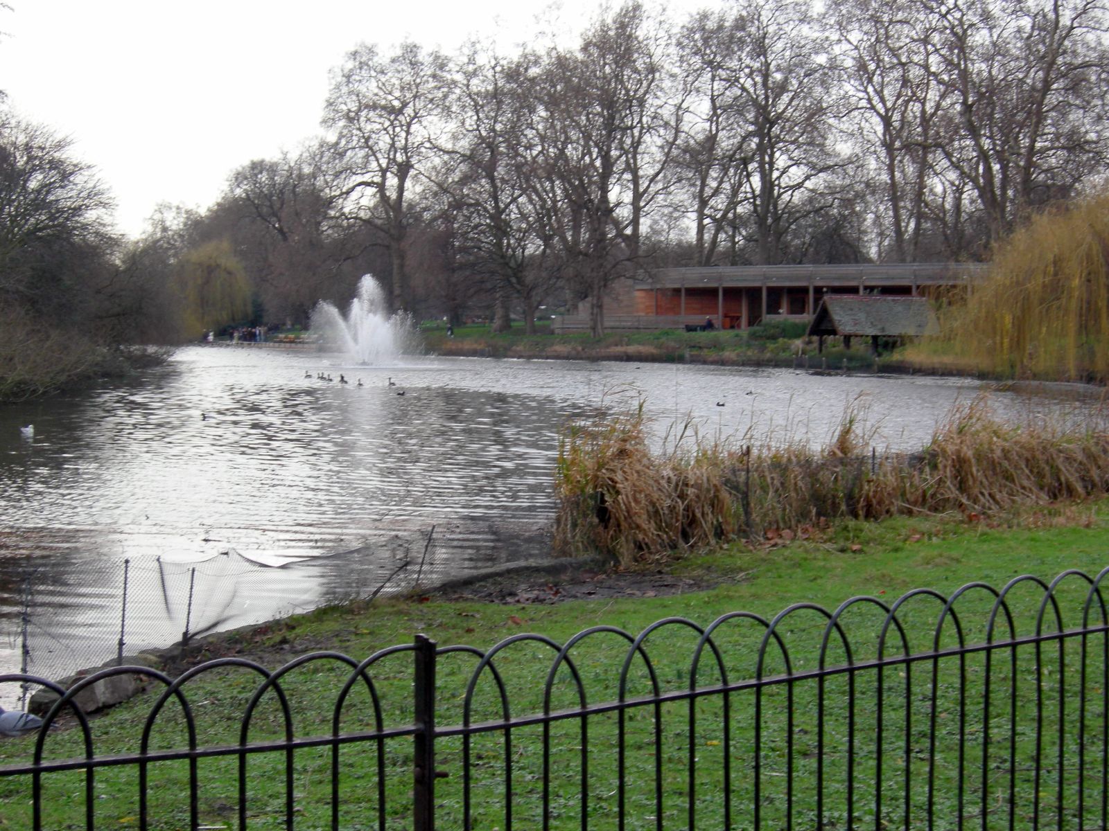 a park with a pond, a fountain, a fence and some benches