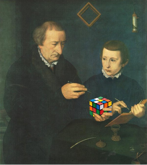 a painting shows two people playing with a rubik cube